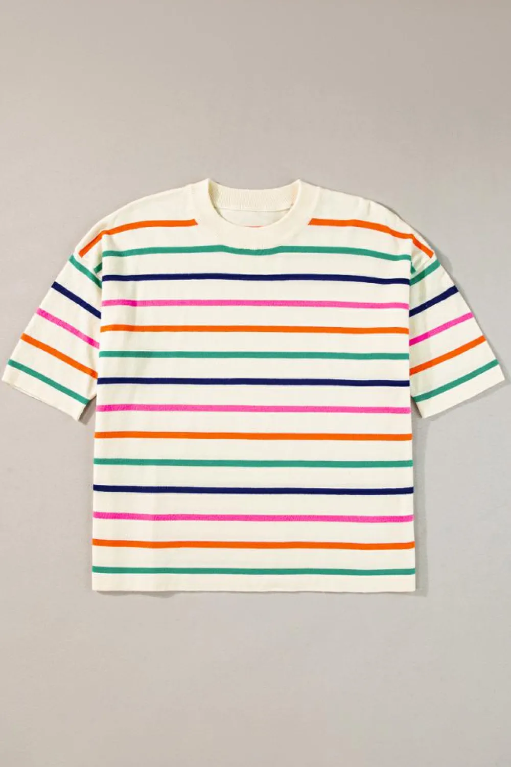 Discount Dear-Lover Dropped Short Sleeve Boxy Fit Knitted Top Beige Stripe