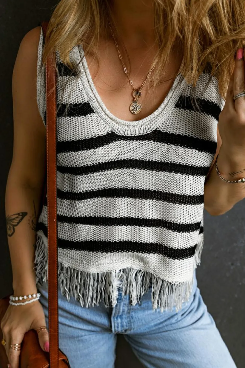Sale Dear-Lover Loose Knit Fringe Tank Top Beige Stripe