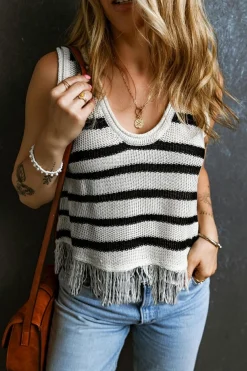 Sale Dear-Lover Loose Knit Fringe Tank Top Beige Stripe