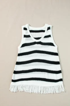 Sale Dear-Lover Loose Knit Fringe Tank Top Beige Stripe