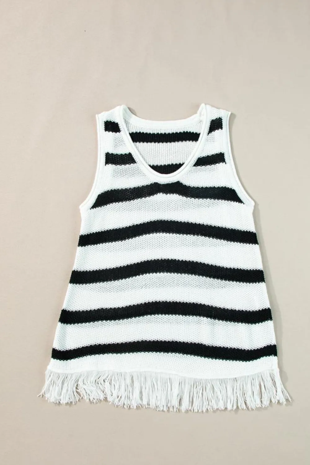Sale Dear-Lover Loose Knit Fringe Tank Top Beige Stripe