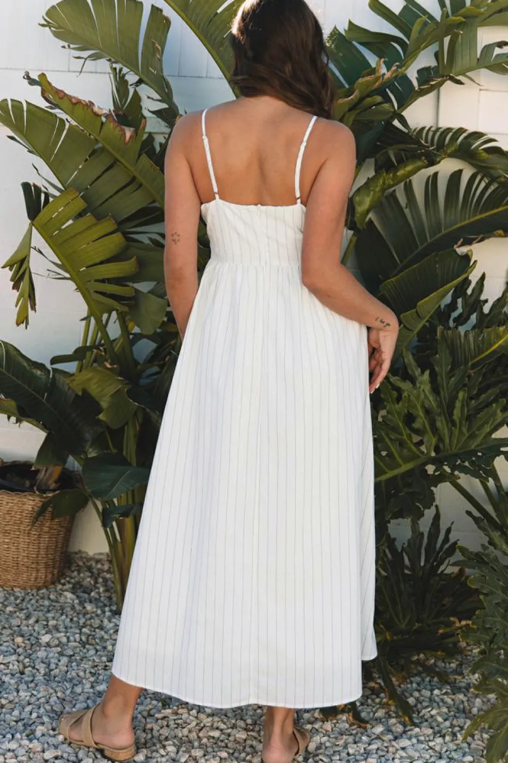 Fashion Dear-Lover Spaghetti Strap Pocketed High Waist Maxi Dress Beige Stripe
