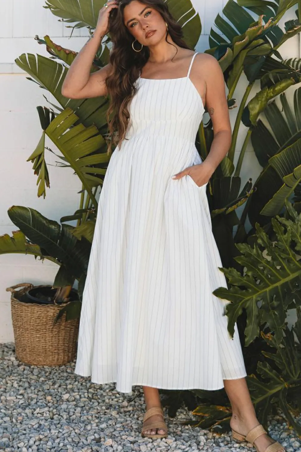 Fashion Dear-Lover Spaghetti Strap Pocketed High Waist Maxi Dress Beige Stripe