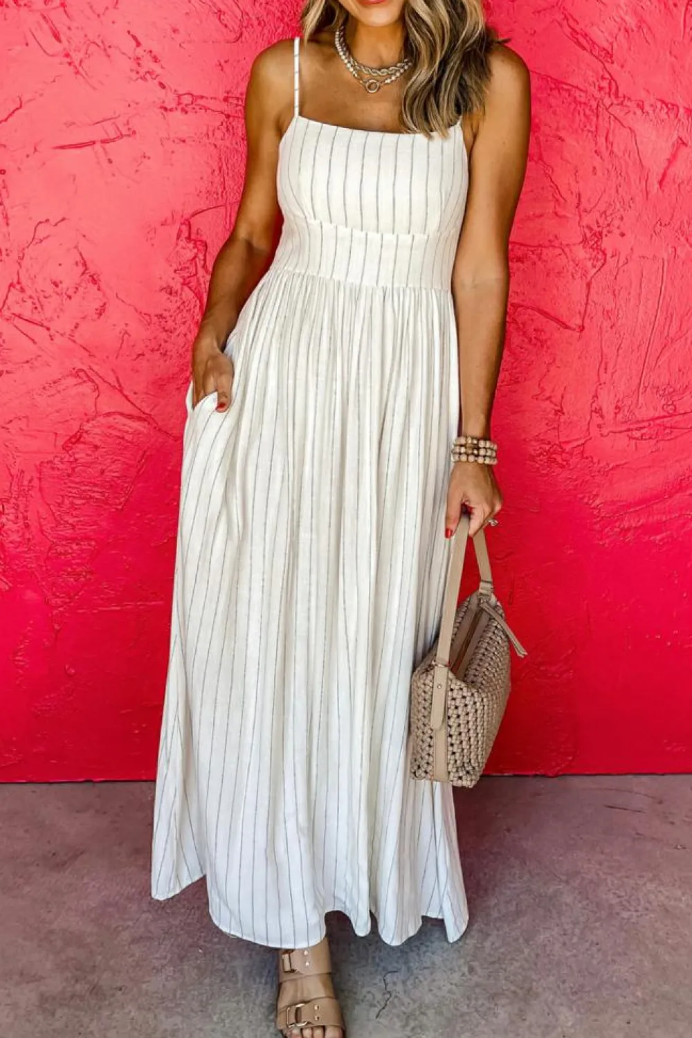 Fashion Dear-Lover Spaghetti Strap Pocketed High Waist Maxi Dress Beige Stripe