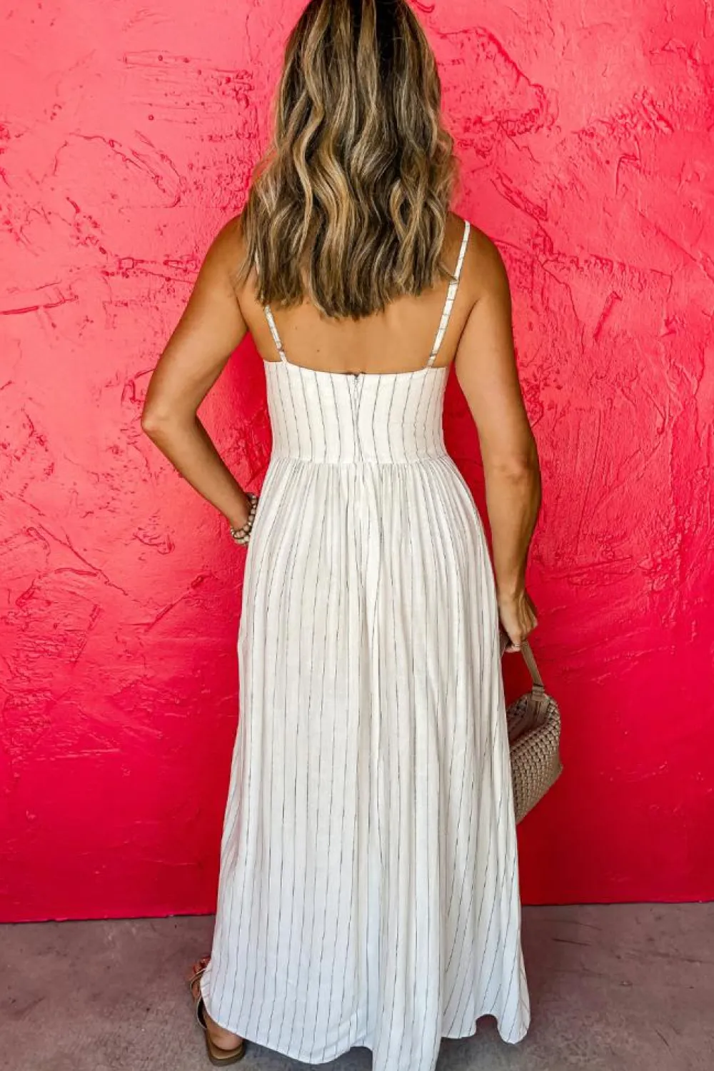 Fashion Dear-Lover Spaghetti Strap Pocketed High Waist Maxi Dress Beige Stripe