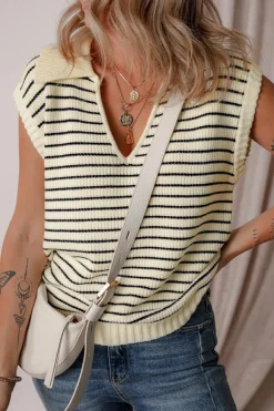 Clearance Dear-Lover Turn-down V Neck Sweater Tank Top Beige Stripe