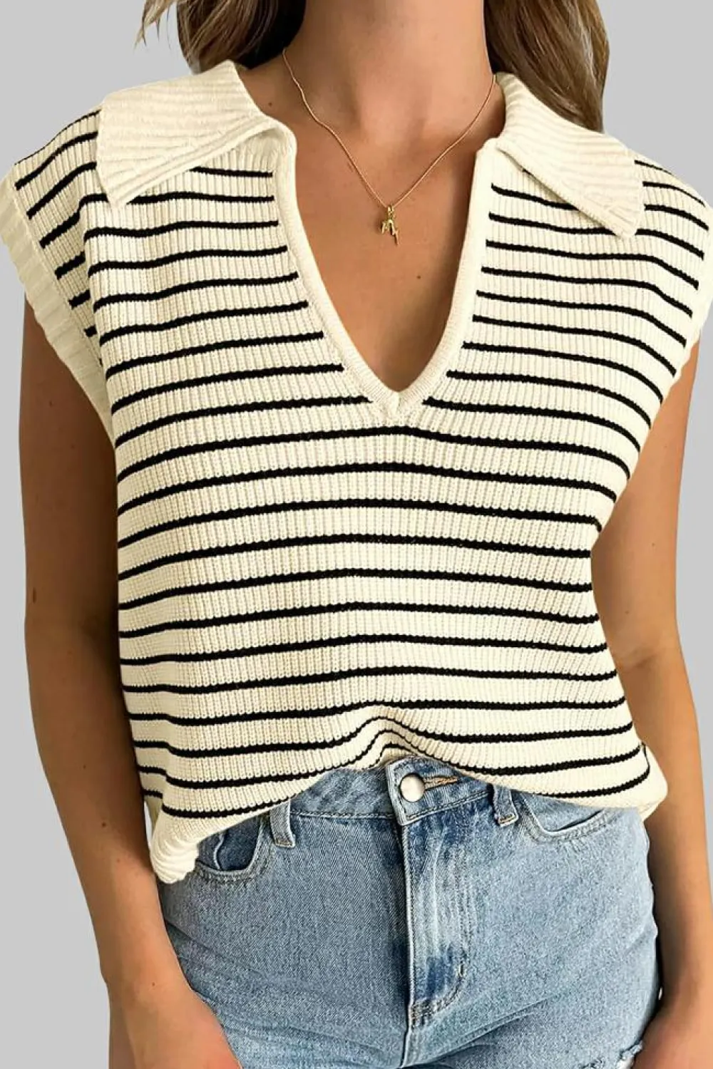 Clearance Dear-Lover Turn-down V Neck Sweater Tank Top Beige Stripe