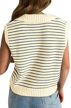 Clearance Dear-Lover Turn-down V Neck Sweater Tank Top Beige Stripe