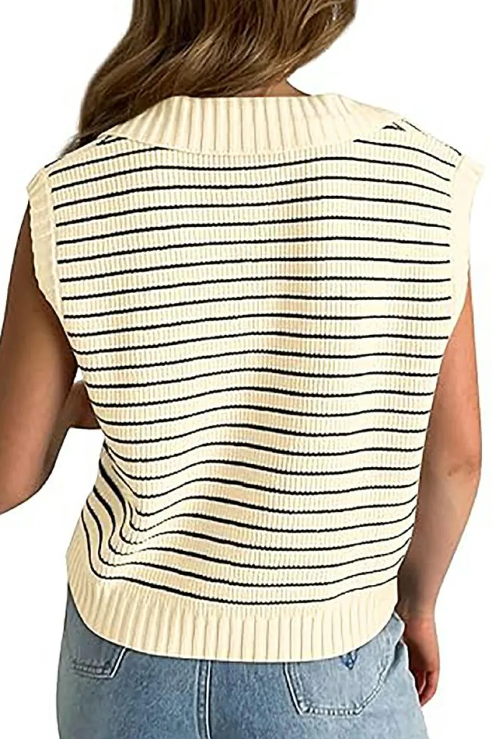 Clearance Dear-Lover Turn-down V Neck Sweater Tank Top Beige Stripe