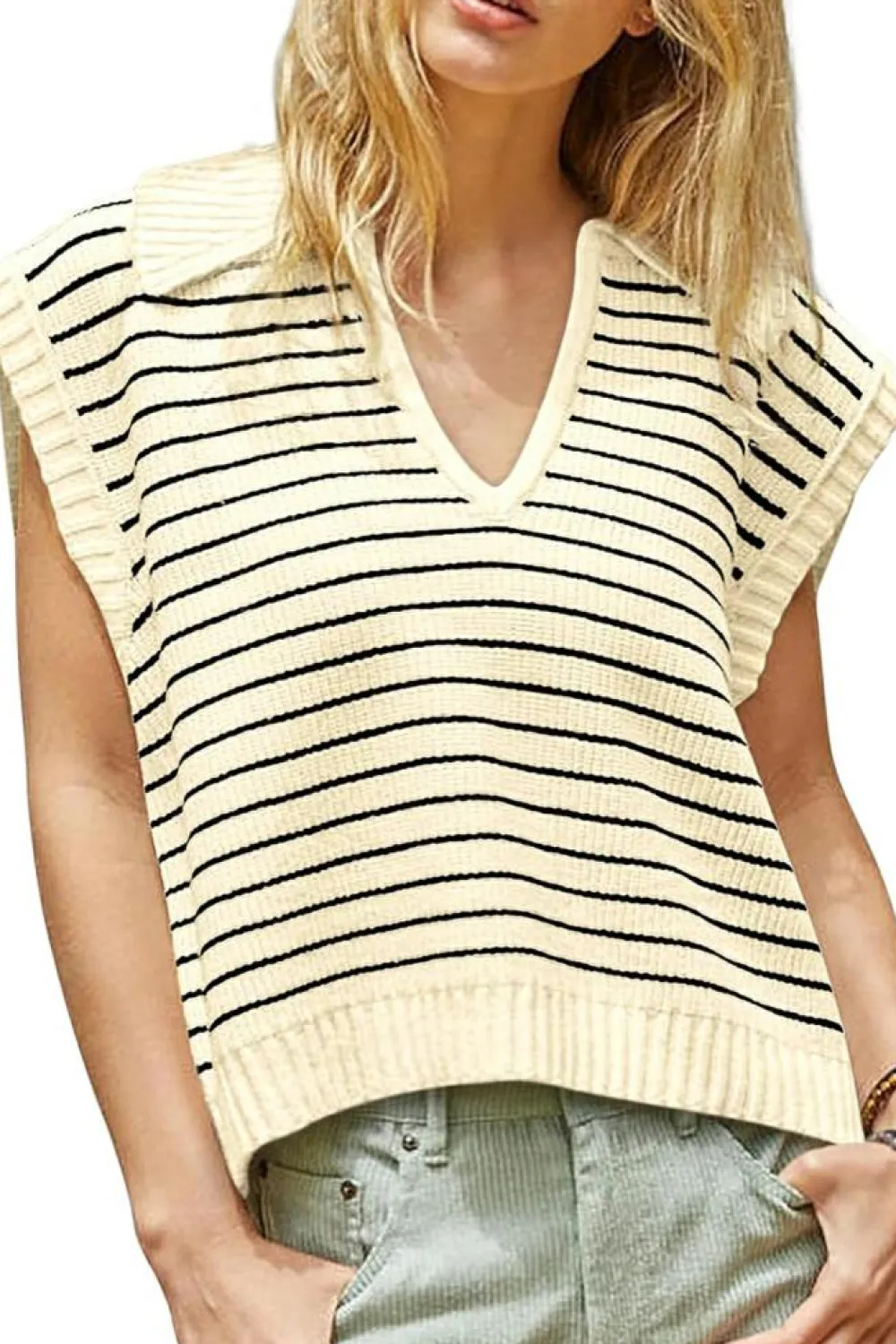 Clearance Dear-Lover Turn-down V Neck Sweater Tank Top Beige Stripe