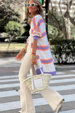 Best Dear-Lover Striped Long Sleeve Ribbed Trim Button Cardigan Beige