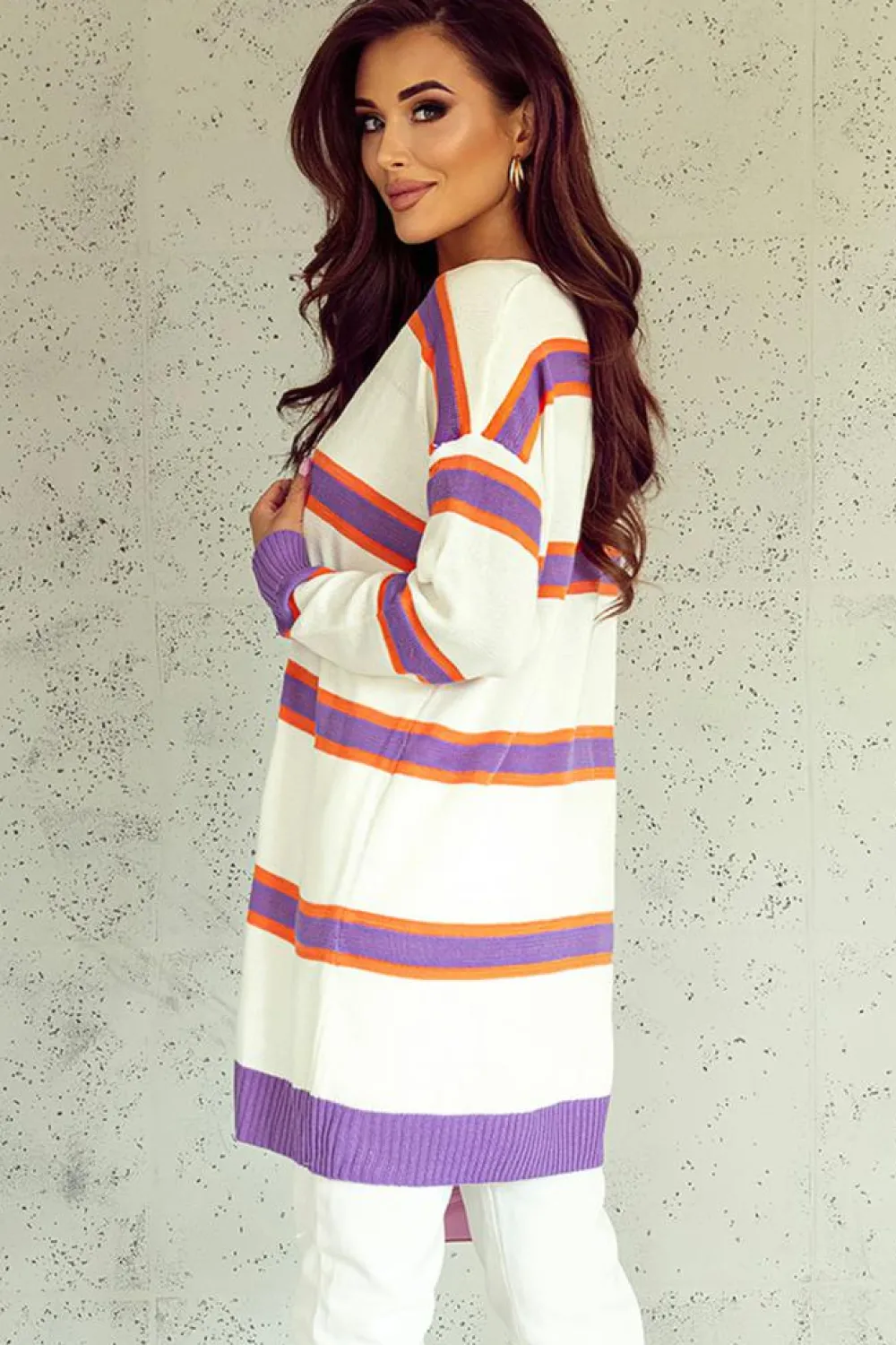 Best Dear-Lover Striped Long Sleeve Ribbed Trim Button Cardigan Beige