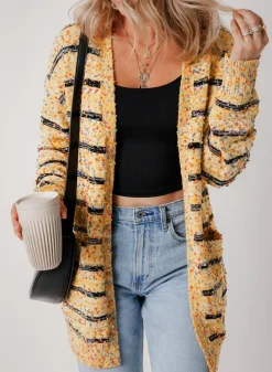 Clearance Dear-Lover Striped Pom Pom Knit Open Front Long Cardigan Beige