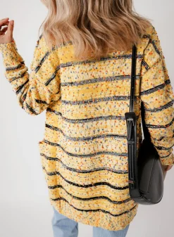 Clearance Dear-Lover Striped Pom Pom Knit Open Front Long Cardigan Beige