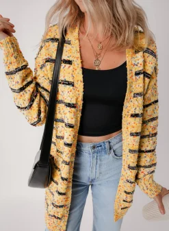 Clearance Dear-Lover Striped Pom Pom Knit Open Front Long Cardigan Beige