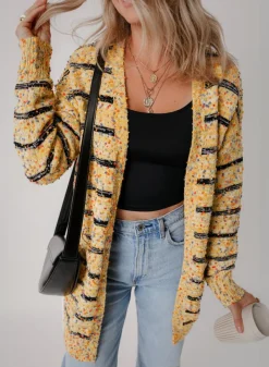Clearance Dear-Lover Striped Pom Pom Knit Open Front Long Cardigan Beige