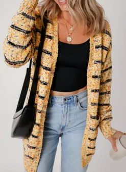 Clearance Dear-Lover Striped Pom Pom Knit Open Front Long Cardigan Beige