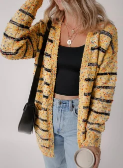 Clearance Dear-Lover Striped Pom Pom Knit Open Front Long Cardigan Beige