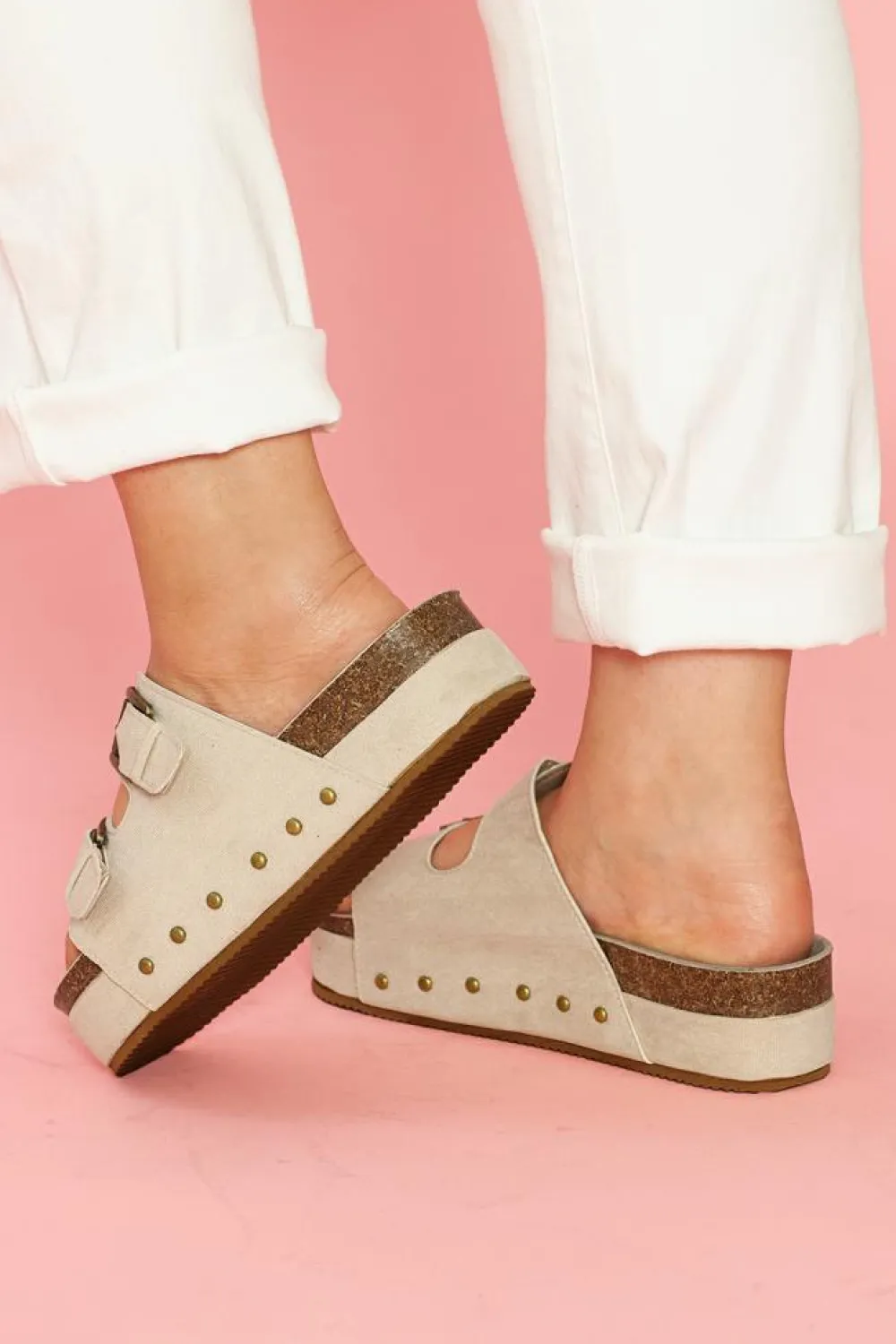 New Dear-Lover Suede Buckle Decor Footbed Sandal Slippers Beige
