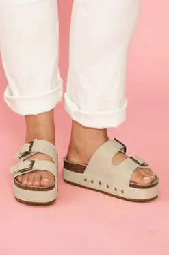 New Dear-Lover Suede Buckle Decor Footbed Sandal Slippers Beige