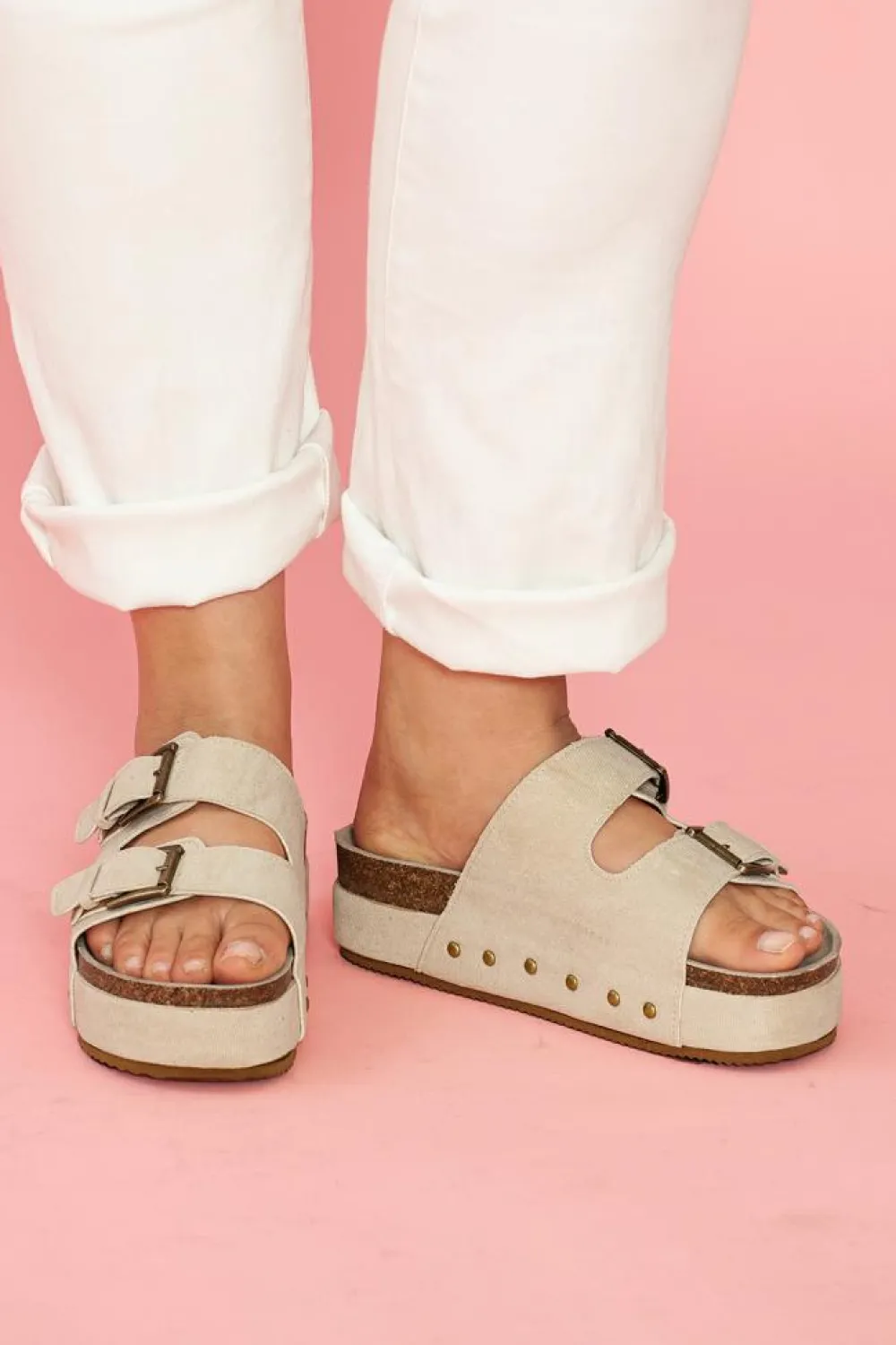 New Dear-Lover Suede Buckle Decor Footbed Sandal Slippers Beige