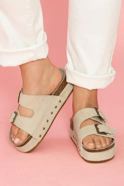 New Dear-Lover Suede Buckle Decor Footbed Sandal Slippers Beige