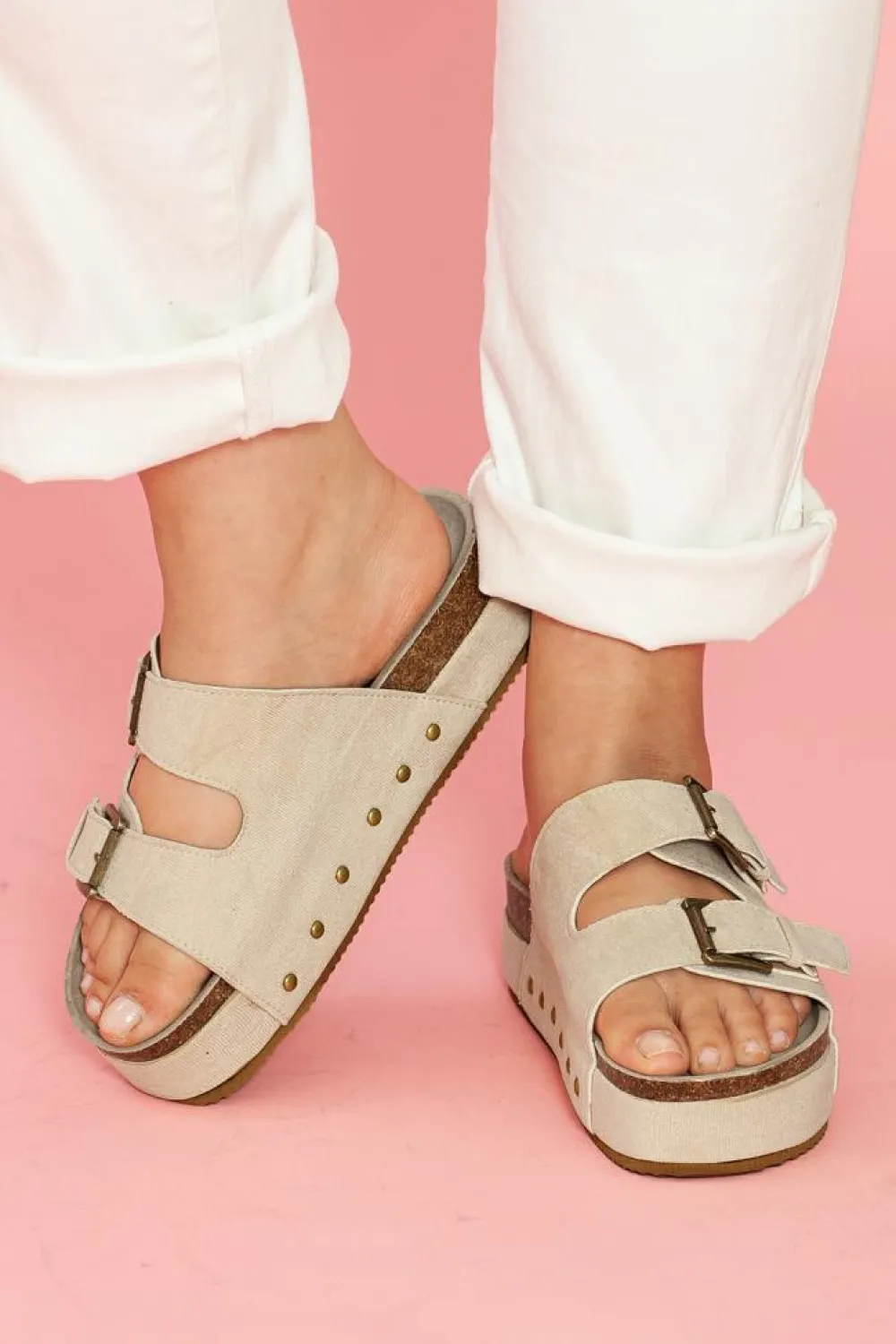 New Dear-Lover Suede Buckle Decor Footbed Sandal Slippers Beige