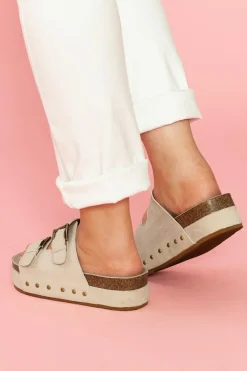New Dear-Lover Suede Buckle Decor Footbed Sandal Slippers Beige
