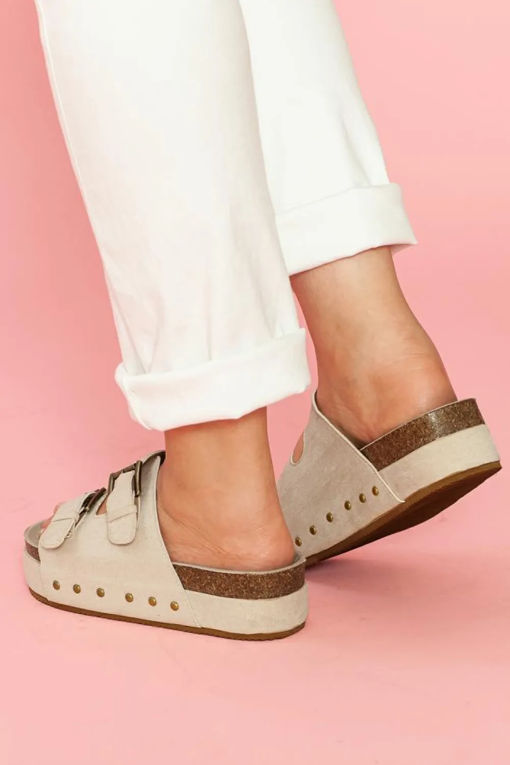 New Dear-Lover Suede Buckle Decor Footbed Sandal Slippers Beige