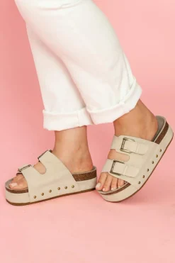 New Dear-Lover Suede Buckle Decor Footbed Sandal Slippers Beige