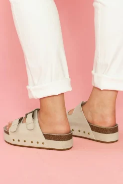 New Dear-Lover Suede Buckle Decor Footbed Sandal Slippers Beige