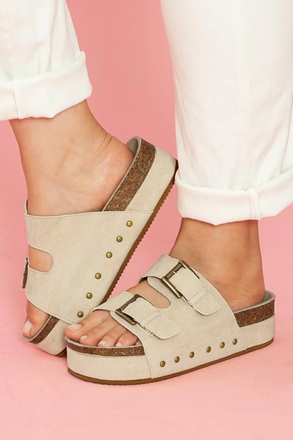 New Dear-Lover Suede Buckle Decor Footbed Sandal Slippers Beige
