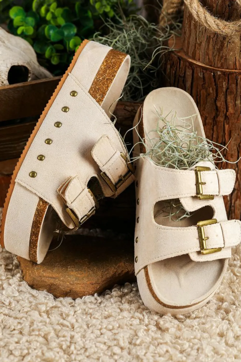 New Dear-Lover Suede Buckle Decor Footbed Sandal Slippers Beige