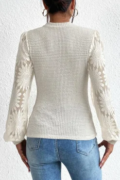 Outlet Dear-Lover Sunflower Mesh Bubble Sleeve Waffle Knit Top Beige