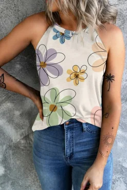 Hot Dear-Lover Sweet Floral Tank Top Beige