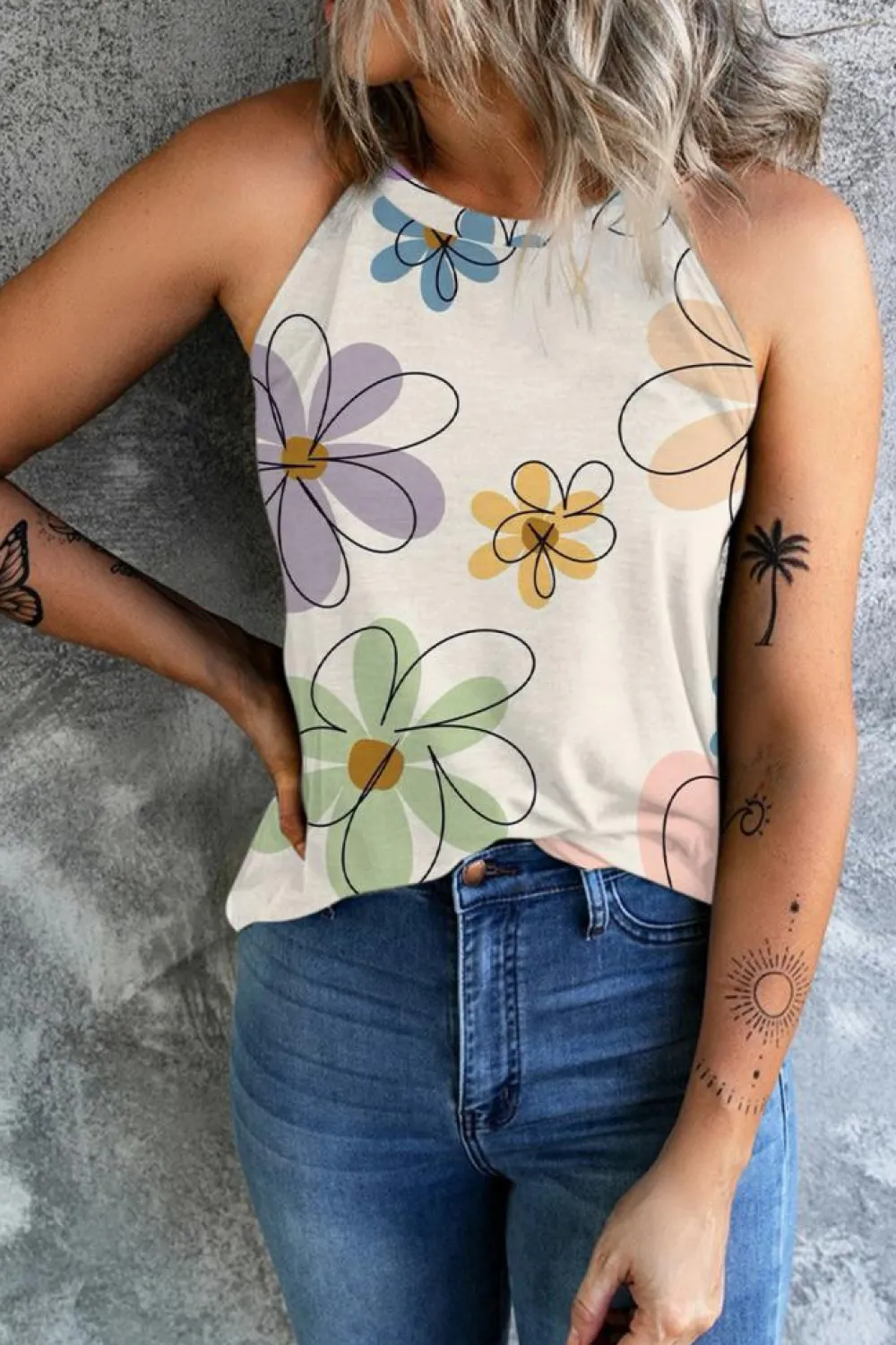 Hot Dear-Lover Sweet Floral Tank Top Beige