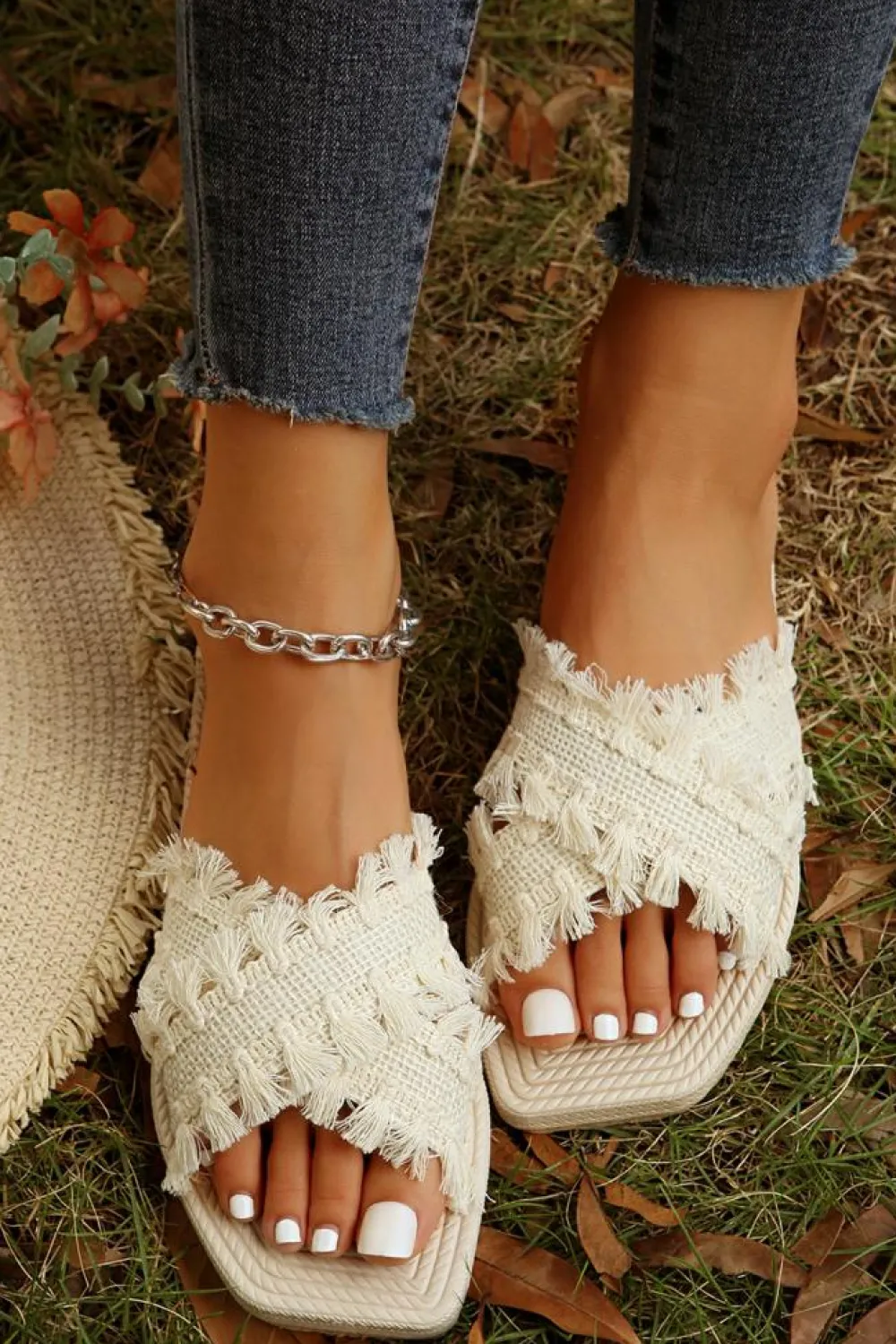 Sale Dear-Lover Tassel Woven Crossed Straps Flat Slippers Beige