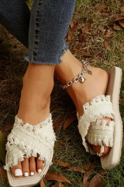 Sale Dear-Lover Tassel Woven Crossed Straps Flat Slippers Beige