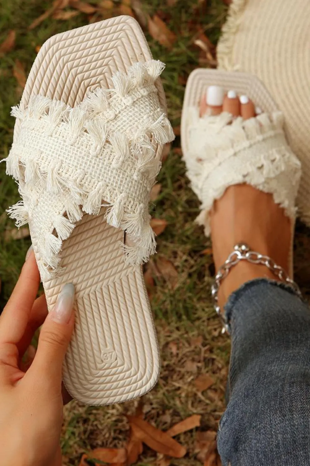 Sale Dear-Lover Tassel Woven Crossed Straps Flat Slippers Beige