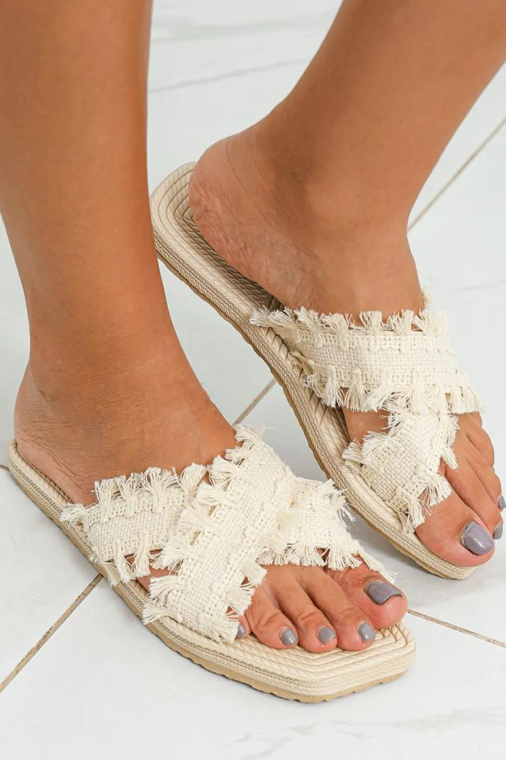 Sale Dear-Lover Tassel Woven Crossed Straps Flat Slippers Beige