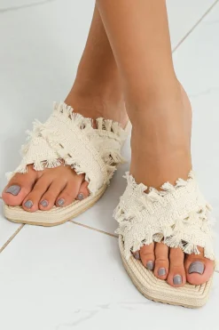 Sale Dear-Lover Tassel Woven Crossed Straps Flat Slippers Beige