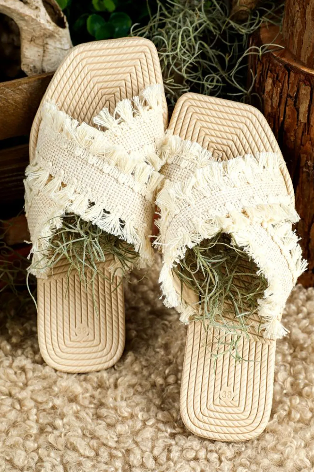 Sale Dear-Lover Tassel Woven Crossed Straps Flat Slippers Beige