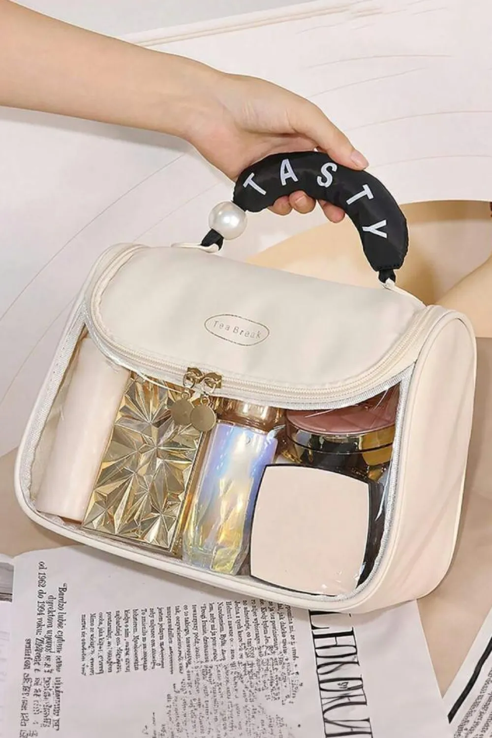 New Dear-Lover TASTY Print Handle Inside Pocket Clear Makeup Bag Beige