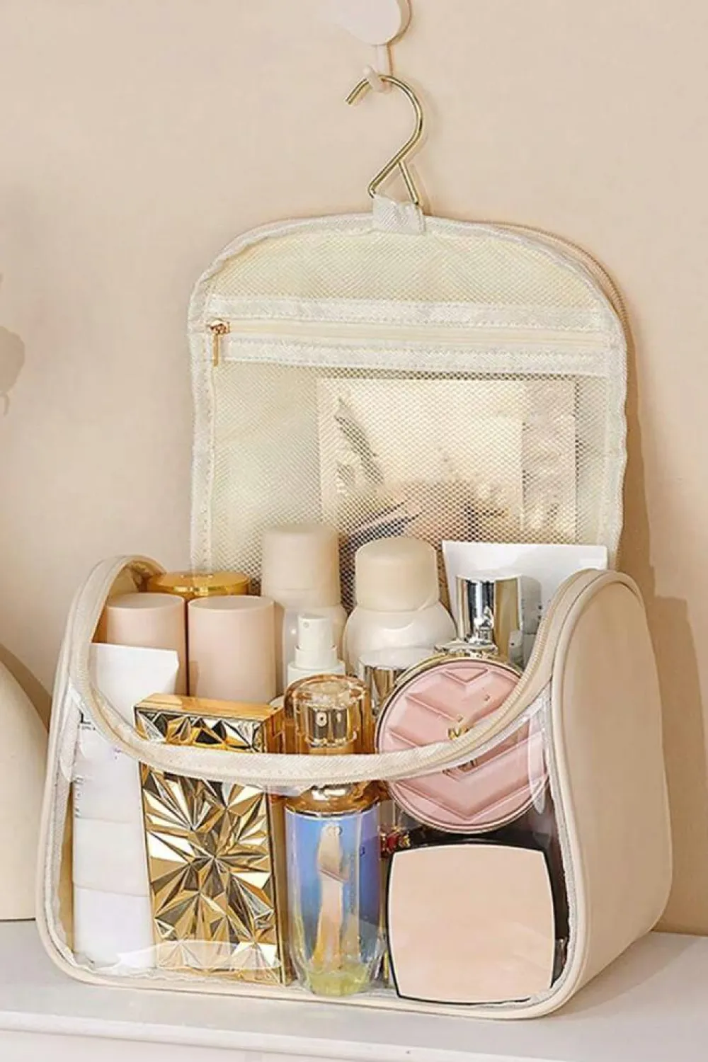 New Dear-Lover TASTY Print Handle Inside Pocket Clear Makeup Bag Beige