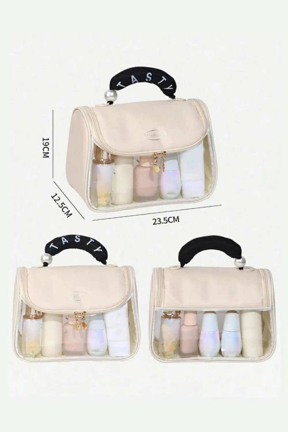 New Dear-Lover TASTY Print Handle Inside Pocket Clear Makeup Bag Beige