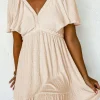 Best Dear-Lover Textured Deep V Neck Cutout Back Mini Dress Beige