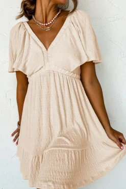 Best Dear-Lover Textured Deep V Neck Cutout Back Mini Dress Beige