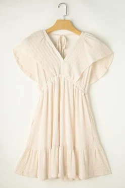 Best Dear-Lover Textured Deep V Neck Cutout Back Mini Dress Beige