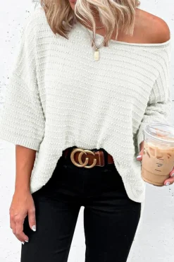 Discount Dear-Lover Textured Knit Drop Shoulder Short Sleeve Sweater Beige