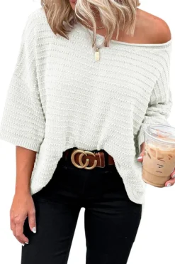 Discount Dear-Lover Textured Knit Drop Shoulder Short Sleeve Sweater Beige